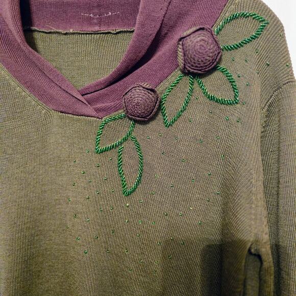 Vintage Flower Beaded Sweater Womens Green Brown M - Picture 4 of 16
